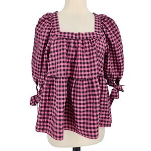 TopShop Feminine Gingham Checkered Blouse Puff Bow Sleeves Black Pink Size 2